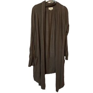 Shae Silk Tencel Cashmere Open Front Cardigan Brown Shawl Collar Pockets Medium